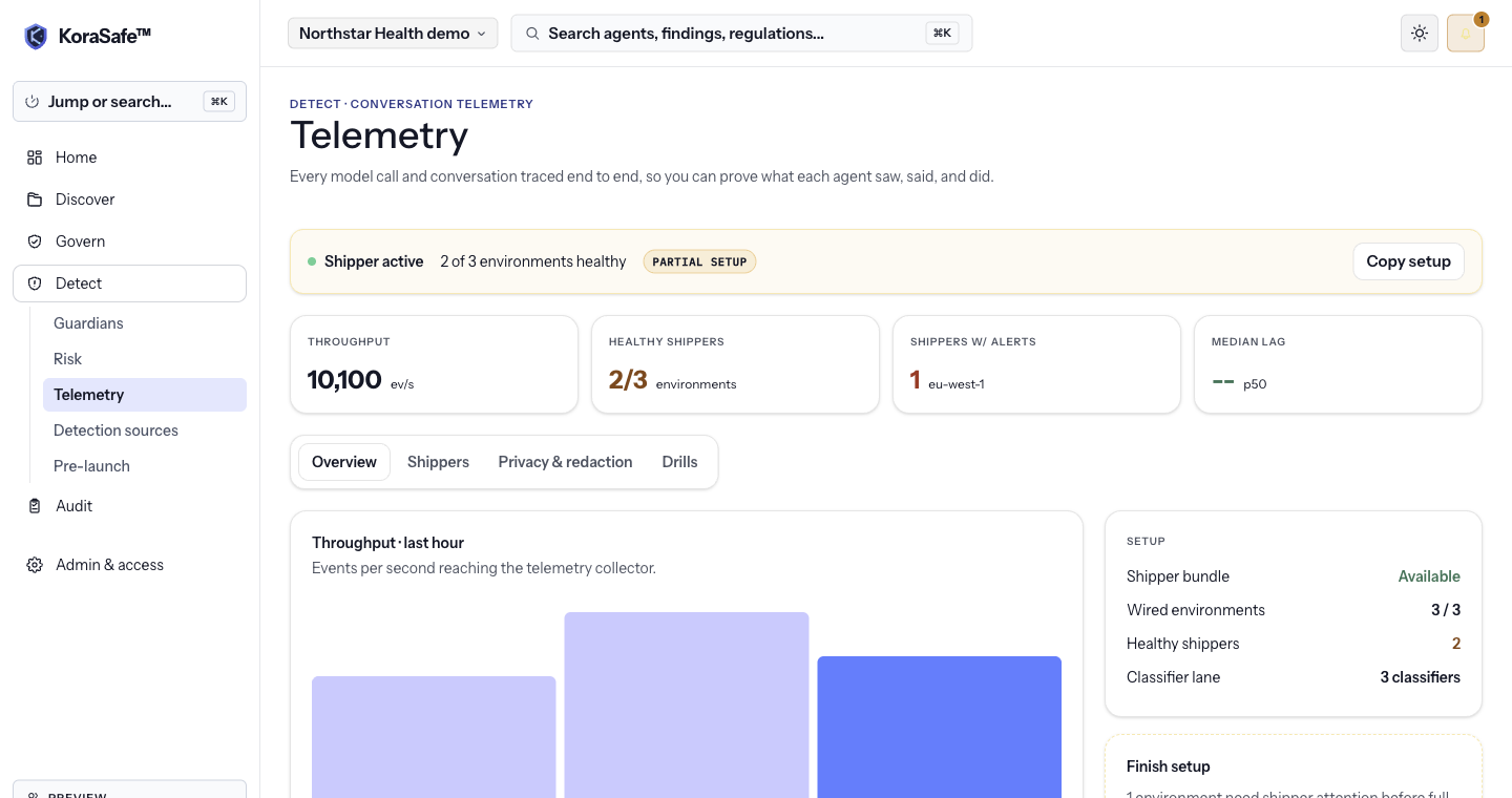 KoraSafe telemetry dashboard showing agent throughput and environment health