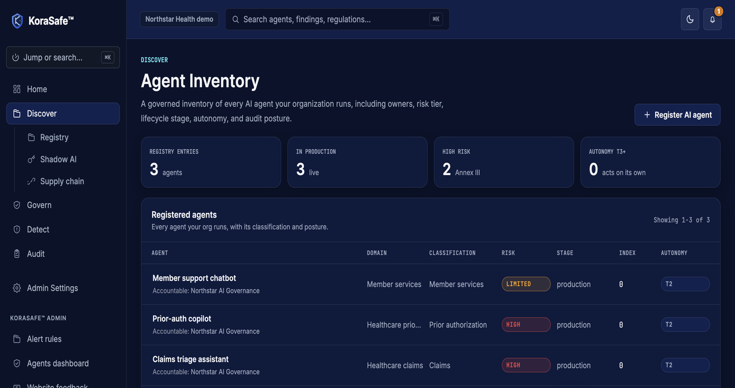 KoraSafe agent inventory screen showing registered agents, owners, risk tiers, and autonomy