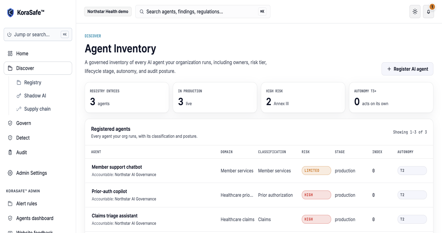 KoraSafe agent inventory screen showing registered agents, owners, risk tiers, and autonomy