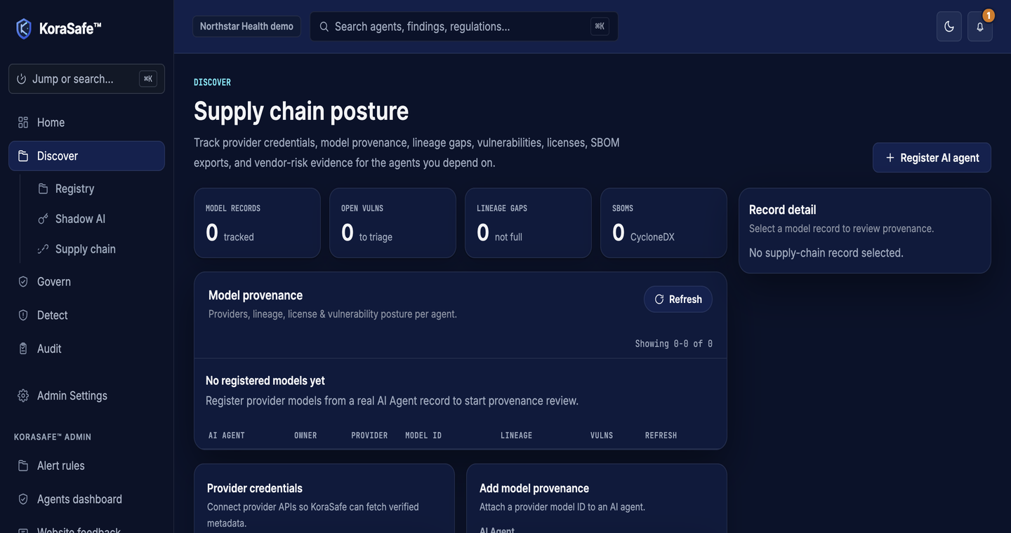KoraSafe supply chain posture screen showing model provenance, lineage and vendor risk