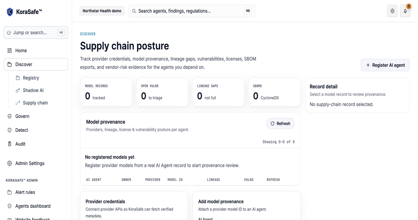 KoraSafe supply chain posture screen showing model provenance, lineage and vendor risk