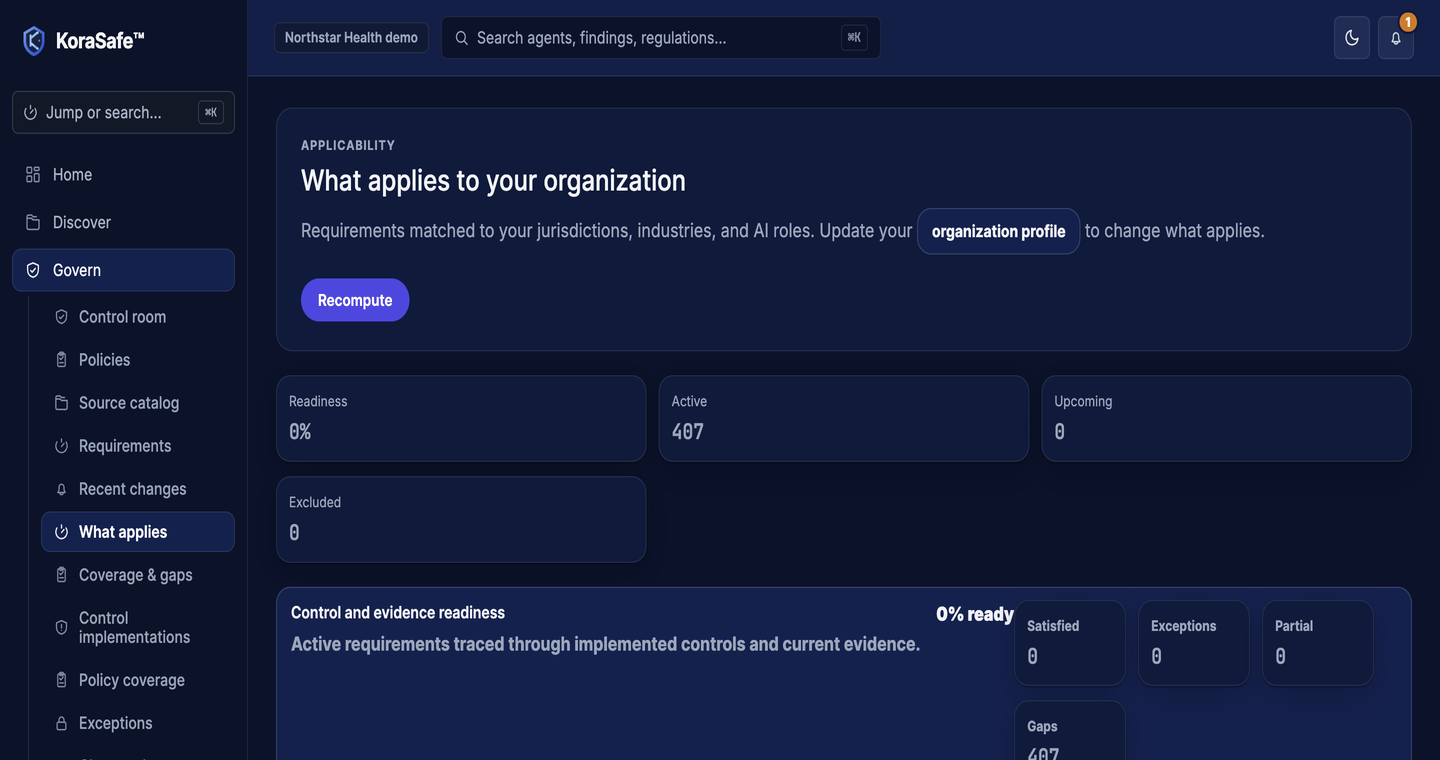 KoraSafe applicability screen showing active requirements matched to organization scope