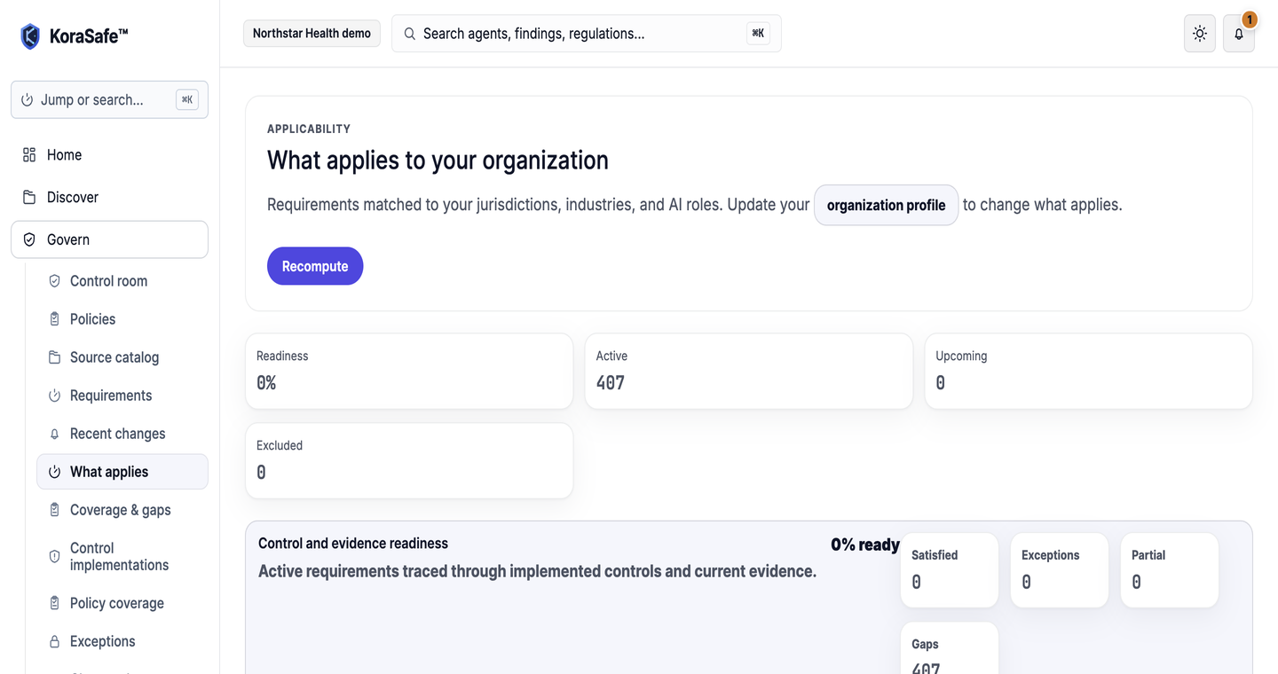 KoraSafe applicability screen showing active requirements matched to organization scope