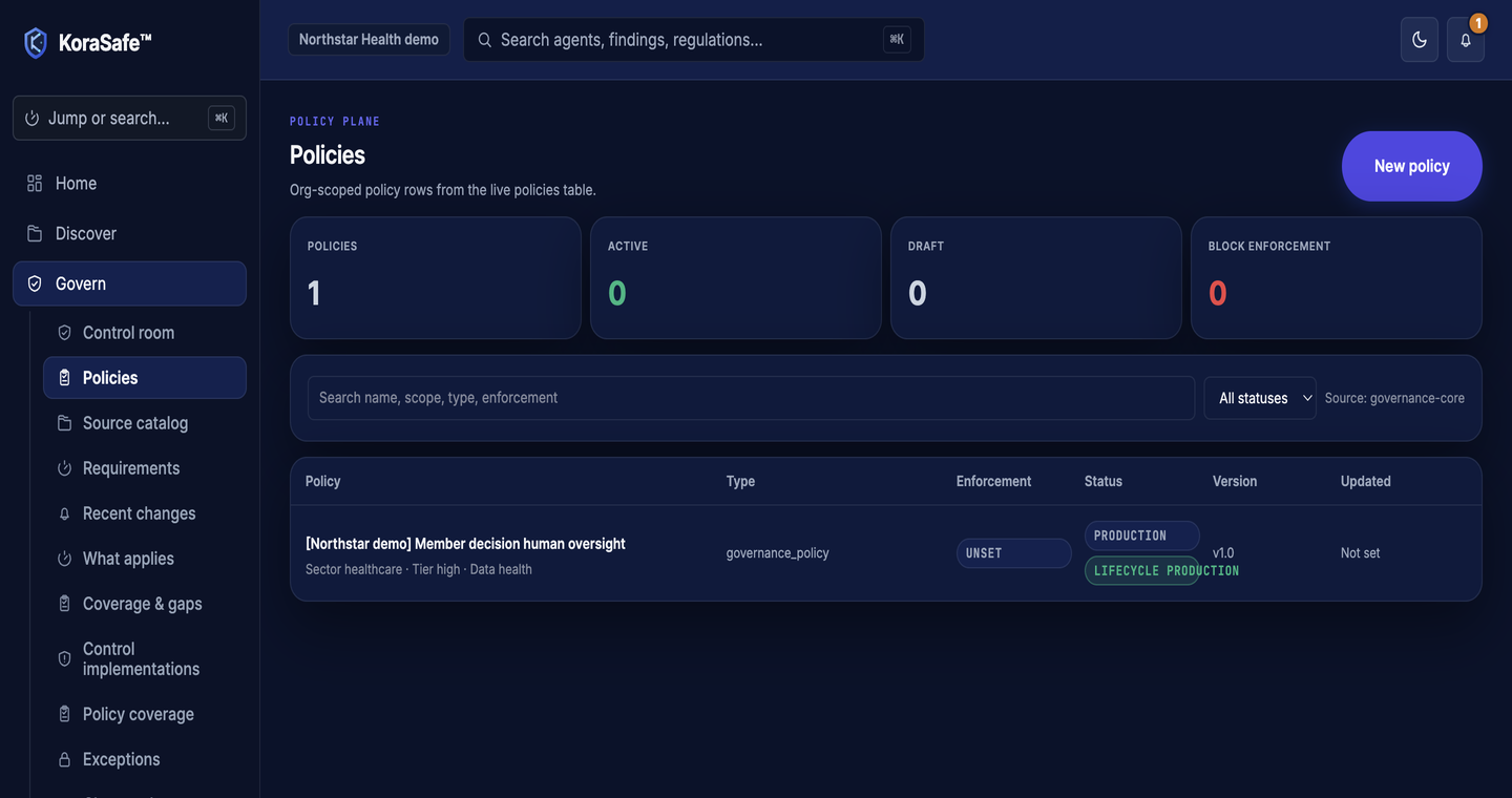 KoraSafe policies screen showing production policy rows and lifecycle status