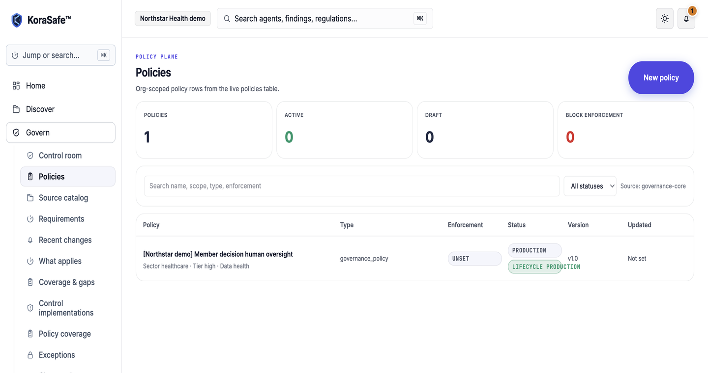 KoraSafe policies screen showing production policy rows and lifecycle status