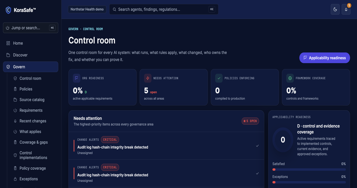 KoraSafe control room screen showing governance readiness, open priorities, and policy coverage