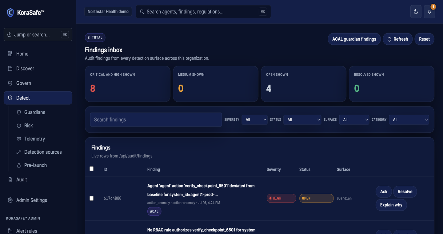 KoraSafe findings inbox screen showing open findings and remediation actions