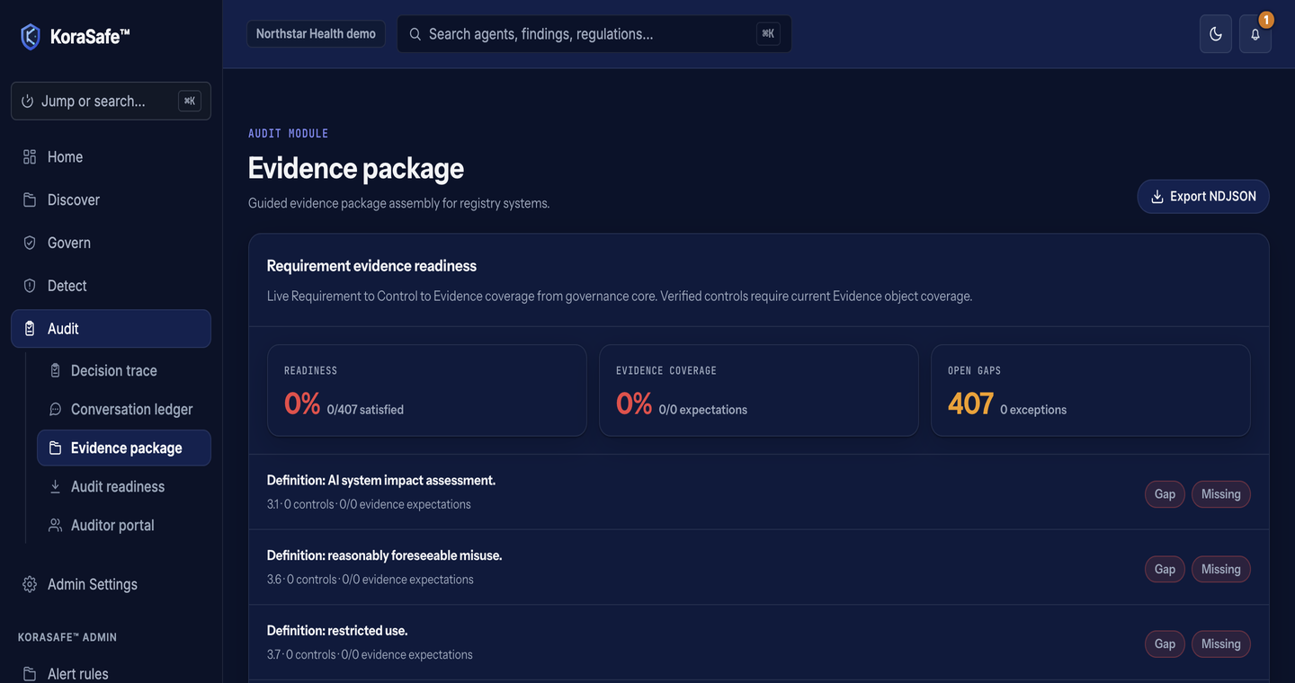 KoraSafe evidence package screen showing requirement evidence readiness and open gaps