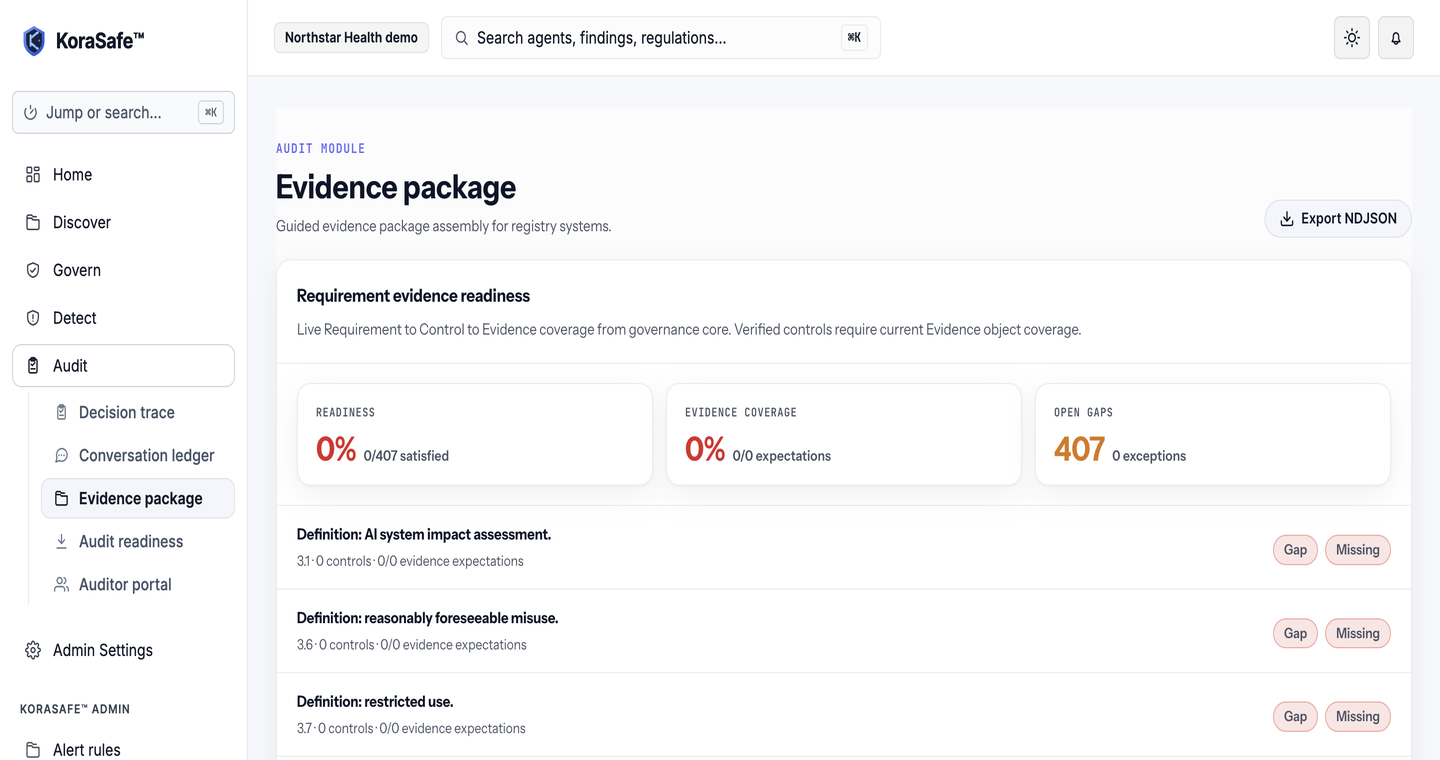 KoraSafe evidence package screen showing requirement evidence readiness and open gaps