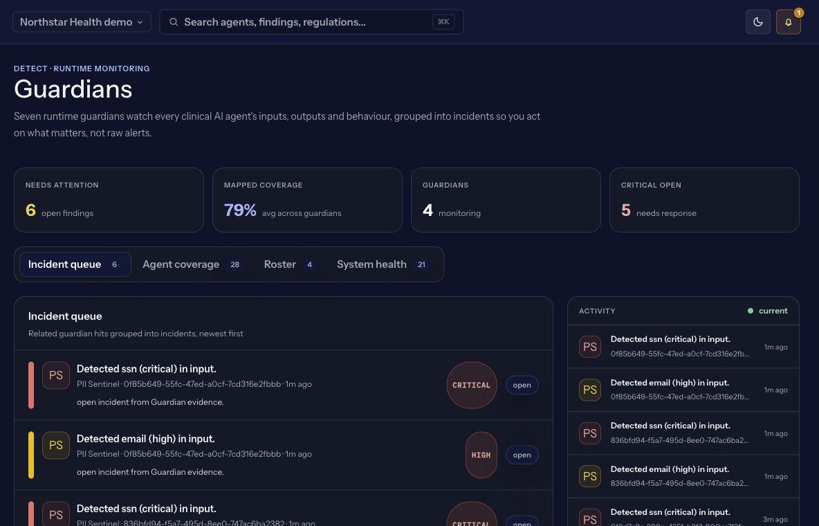 Guardian module roster monitoring live traffic