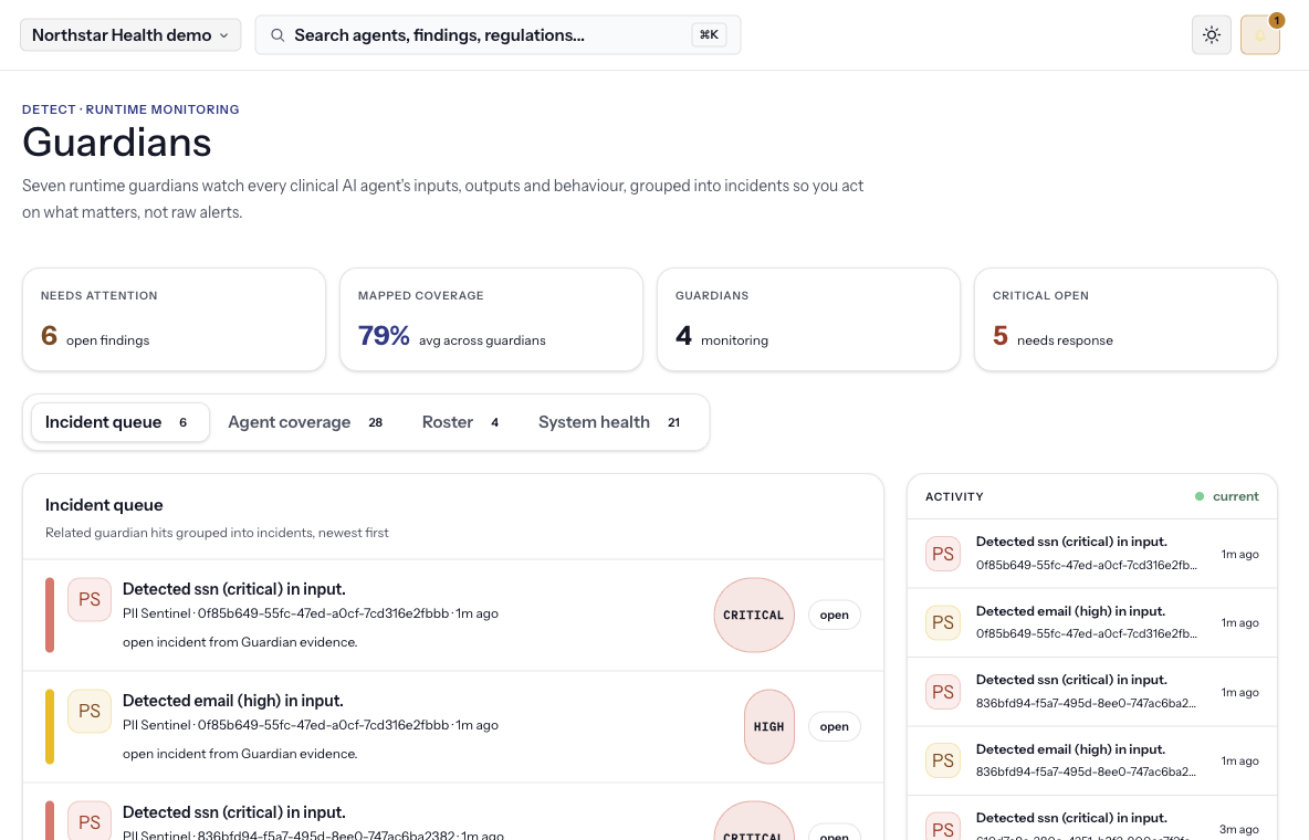 Guardian module roster monitoring live traffic