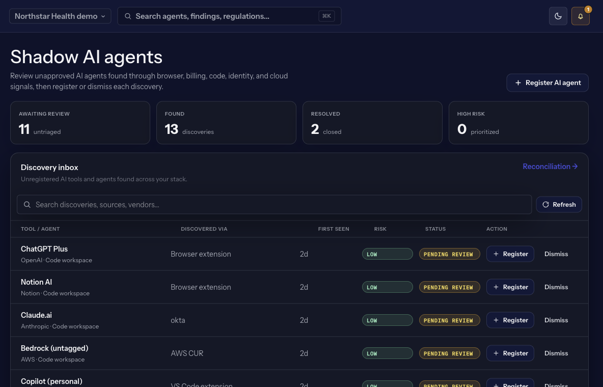 Shadow AI discovery feed with governance gaps