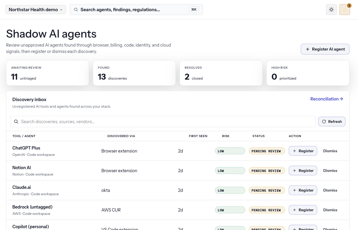 Shadow AI discovery feed with governance gaps