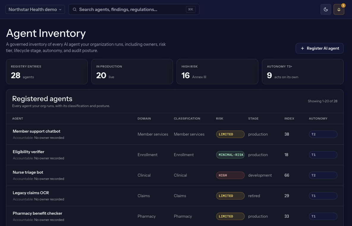 Agent registry with owners and autonomy tiers
