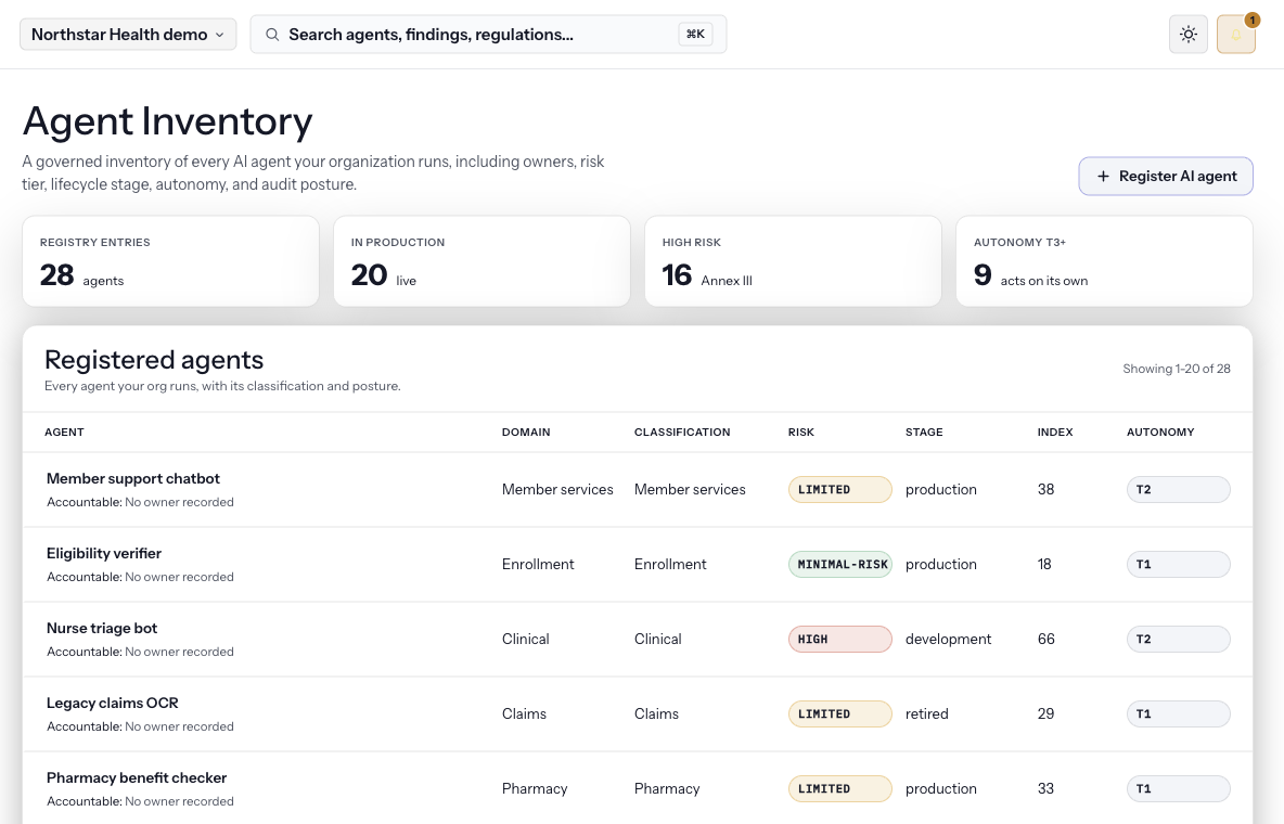 Agent registry with owners and autonomy tiers